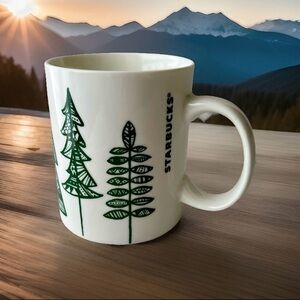 Starbucks Happy Trees Coffee Mug 12 oz. White Green Cozy Cottagecore Holiday